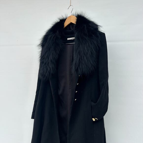 Alice + Olivia Fox Fur Mob Wife Long Wool Trench Coat Jacket Button Medium Black - Picture 13 of 13